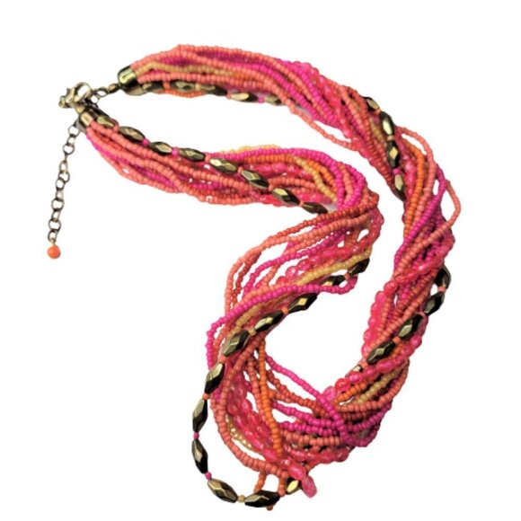 PINK and Orange Necklace, Beaded Twist 13 Strand Bead Necklace - Picture 9 of 10